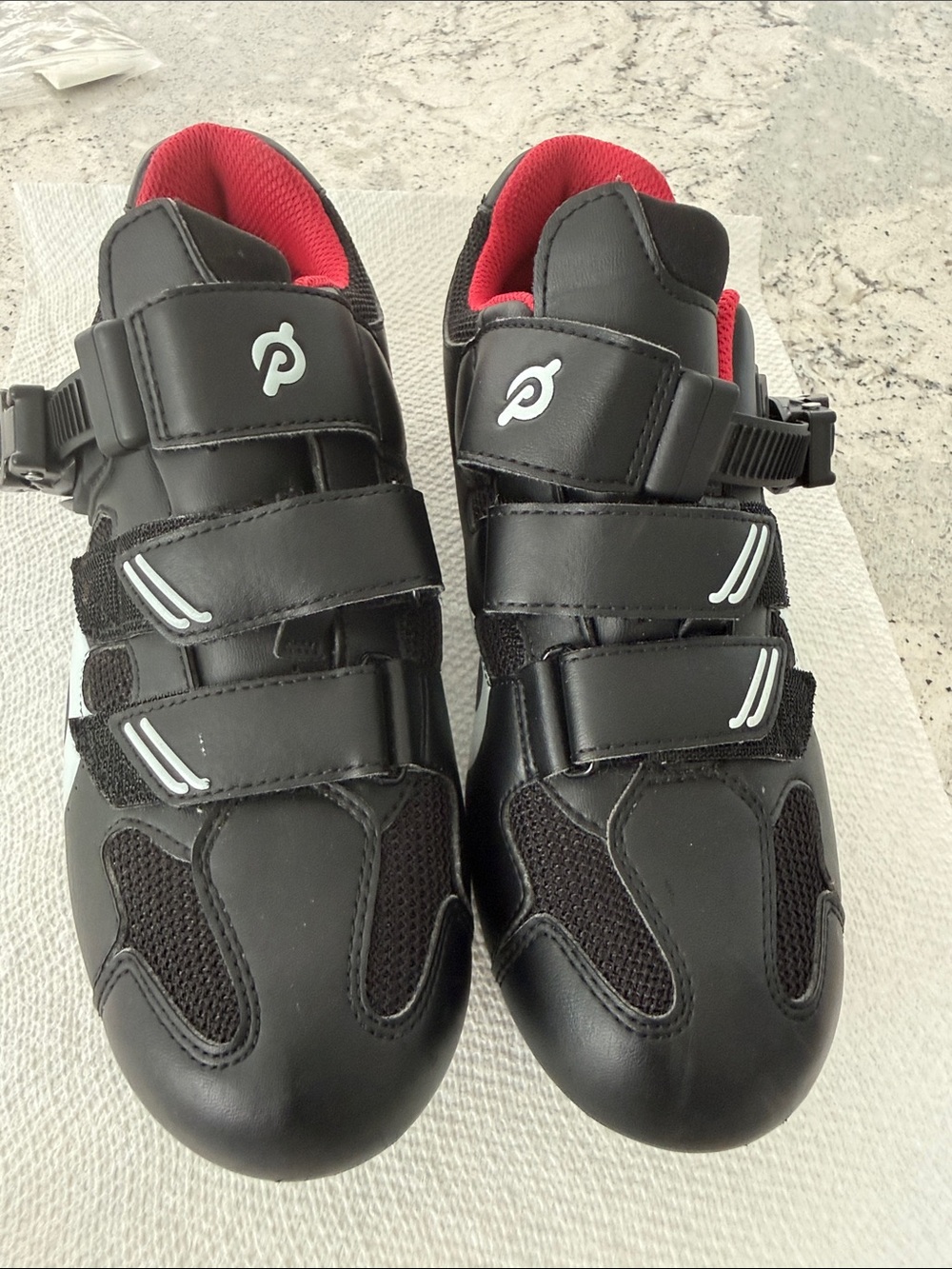 Peloton Men's Black Cycling Shoes with Red Liner and Triple-Strap Closure